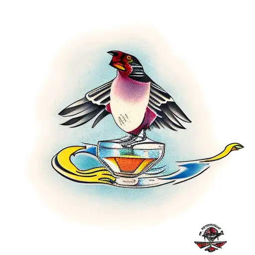 flying australian magpie holding rum bottle tattoo design idea