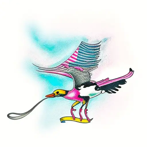 flying magpie holding rum bottle with Tiny pink squid inside tattoo design idea