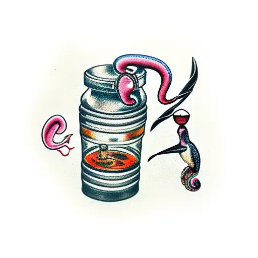 Magpie holding rum bottle with tiny pink squid inside tattoo design idea