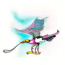 flying magpie holding rum bottle with Tiny pink squid inside tattoo design idea