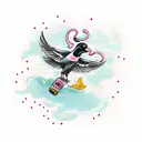 flying magpie holding rum bottle with Tiny pink squid inside tattoo design idea