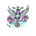 flying magpie holding rum bottle with Tiny pink squid inside tattoo design idea
