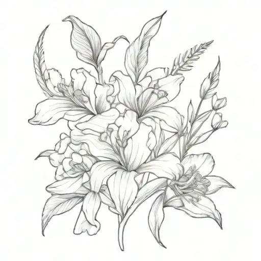iris, daffodil, Primrose, rose, feather, pearls tattoo design idea