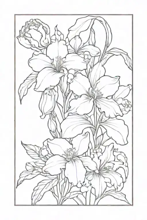 iris, daffodil, Primrose, rose, feather, pearls tattoo design idea