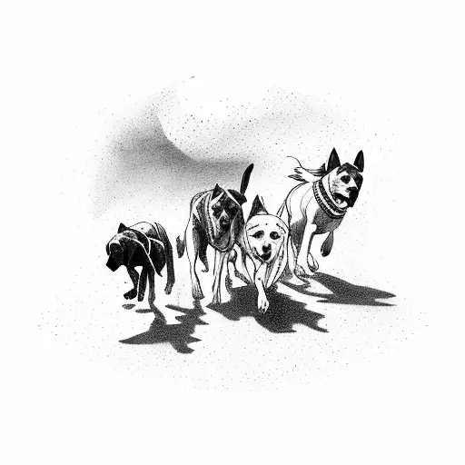 A pack of loyal dogs running alongside a cowboy on horseback tattoo design idea