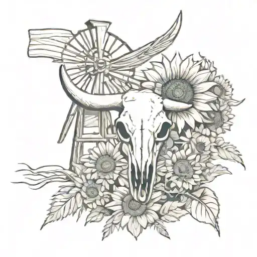 sunflower windmill desert flowers bull skull  tattoo design idea