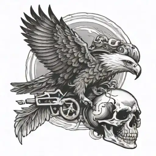 An eagle soaring above a skull wearing a mechanic's hat tattoo design idea