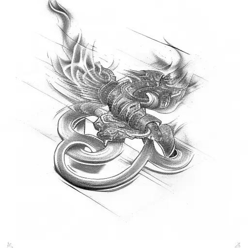 Design a tattoo featuring flames intertwined with a gun barrel and motorcycle exhaust pipes tattoo design idea