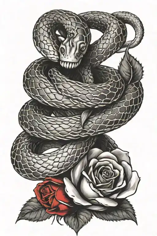 Snake black and red rose wrapped tattoo design idea