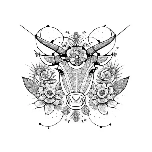 taurus with flowers and birds tattoo design idea