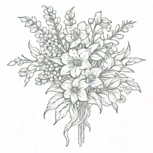 violet, daffodil, lily of the valley, larkspur, poppy, aster, naricissus flower bouquet  tattoo design idea