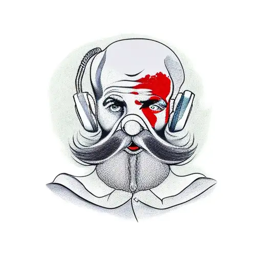 pagliaccio barba rossa che sta rispondendo al telefono, mentre si pulisce le mani sporche di sangue con uno straccio tattoo design idea