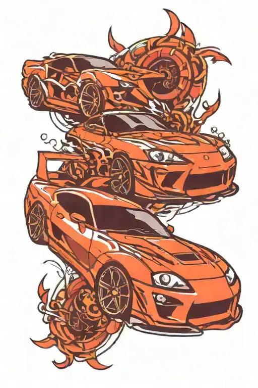 A stylized JDM car (Toyota Supra,) with sleek lines and a dynamic pose. tattoo design idea