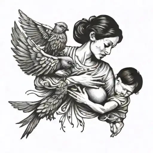 A surreal tattoo design of a mother holding hands with her children, with one brother's arm transforming into a bird and flying away tattoo design idea