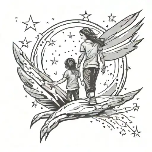 A unique tattoo concept of a mother holding hands with her children, with one brother's arm portrayed as a shooting star streaking across the sky tattoo design idea
