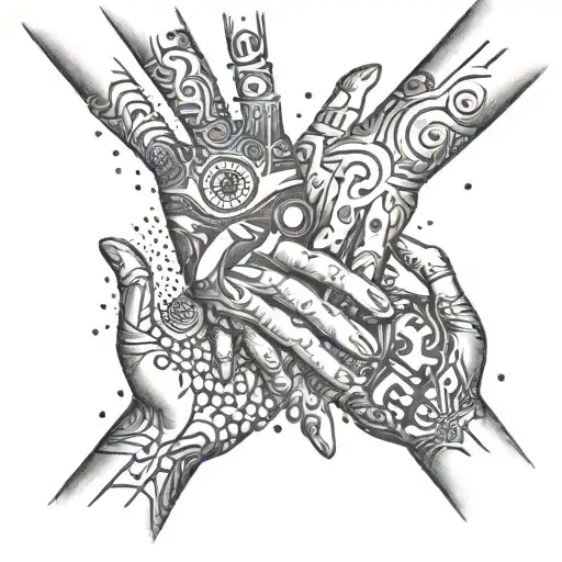 An abstract representation of unity and separation within a family, featuring hands of mom, little brother, and big brother tattoo design idea