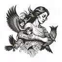 A surreal tattoo design of a mother holding hands with her children, with one brother's arm transforming into a bird and flying away tattoo design idea