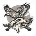 A surreal tattoo design of a mother holding hands with her children, with one brother's arm transforming into a bird and flying away tattoo design idea