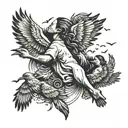 A surreal tattoo design of a mother holding hands with her children, with one brother's arm transforming into a bird and flying away tattoo design idea