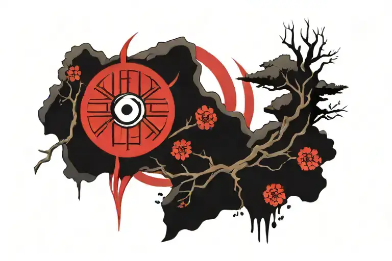 akatsuki, sharingan, sakura tree, tattoo design idea