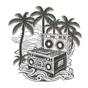 A tattoo design featuring a DJ booth surrounded by palm trees and beach waves, symbolizing dance music and Florida tattoo design idea