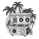 A tattoo design featuring a DJ booth surrounded by palm trees and beach waves, symbolizing dance music and Florida tattoo design idea
