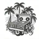 A tattoo design featuring a DJ booth surrounded by palm trees and beach waves, symbolizing dance music and Florida tattoo design idea