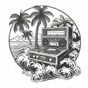 A tattoo design featuring a DJ booth surrounded by palm trees and beach waves, symbolizing dance music and Florida tattoo design idea