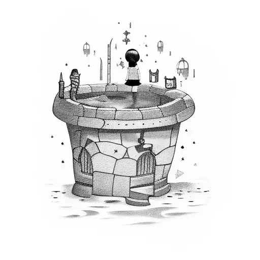 a girl trapped in the bottom of a wishing well tattoo design idea