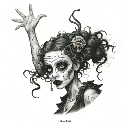 A realistic portrait of a dancer with Tim Burton character makeup tattoo design idea