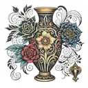Neo-Traditional Vase Tattoo, Bold Lines, Ornate Patterns, Rich Colors, Intricate Details, Decorative Swirls, Floral Moti tattoo design idea