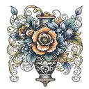 Neo-Traditional Vase Tattoo, Bold Lines, Ornate Patterns, Rich Colors, Intricate Details, Decorative Swirls, Floral Moti tattoo design idea