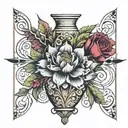 Neo-Traditional Vase Tattoo, Bold Lines, Ornate Patterns, Rich Colors, Intricate Details, Decorative Swirls, Floral Moti tattoo design idea