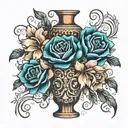 Neo-Traditional Vase Tattoo, Bold Lines, Ornate Patterns, Rich Colors, Intricate Details, Decorative Swirls, Floral Moti tattoo design idea
