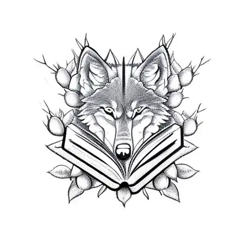 Open book with thorns and roses coming out to form a wolf tattoo design idea