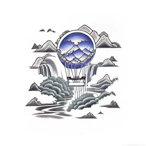 A hot air balloon floating above a serene landscape of cascading waterfall and meandering river with white tail deer tattoo design idea