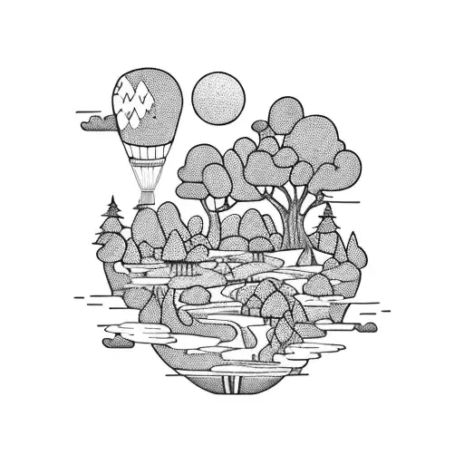 A hot air balloon floating above a serene landscape of cascading waterfall and meandering river with white tail deer tattoo design idea