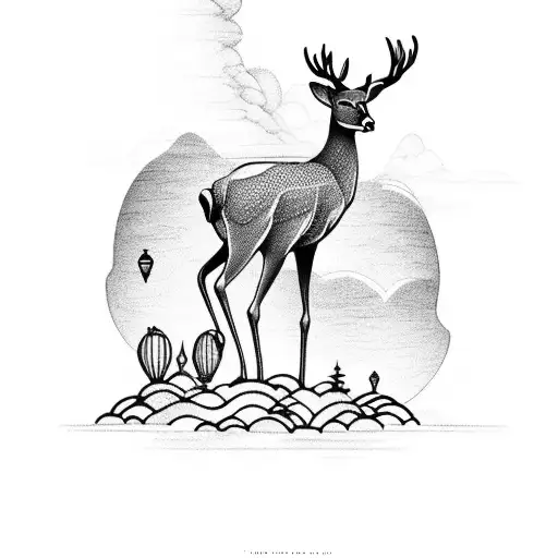 A hot air balloon floating above a serene landscape of cascading waterfall and meandering river with white tail deer tattoo design idea