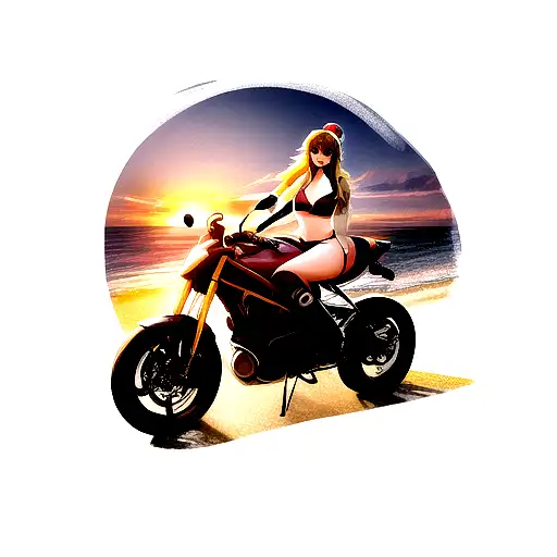 lady in bikini sitting sideways on motorcycle with a sunset in the background tattoo design idea