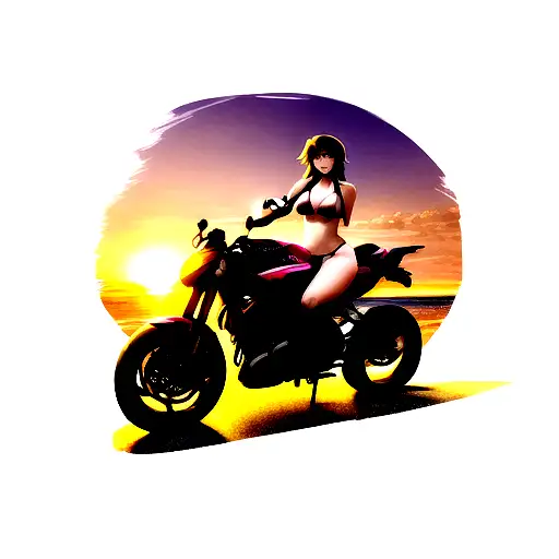 lady in bikini sitting sideways on motorcycle with a sunset in the background tattoo design idea