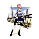 cute anime girl holding a gun with one hand on her hip with head tildted slightly down and glasses on the bridge of thes tattoo design idea