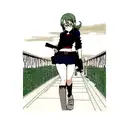 cute anime girl holding a gun with one hand on her hip with head tildted slightly down and glasses on the bridge of thes tattoo design idea