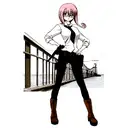 cute anime girl holding a gun with one hand on her hip with head tildted slightly down and glasses on the bridge of thes tattoo design idea