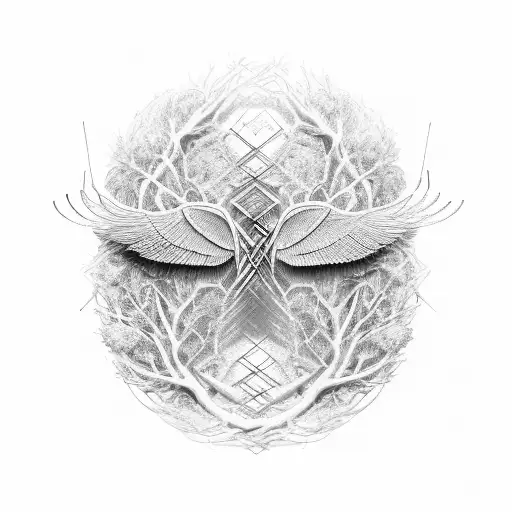 Dna evolving in tree roots, connected by lines materialises into classical sculpture with wings, futuristic geometric tattoo design idea