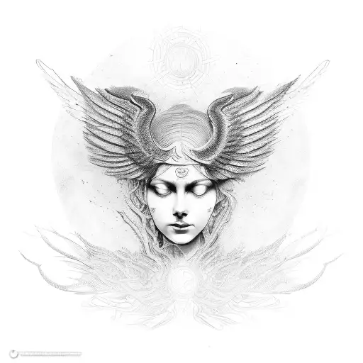 Dña evolving in tree roots, linked to chakras generating sound that materialises into classical sculpture with wings tattoo design idea