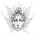 Dña evolving in tree roots, linked to chakras generating sound that materialises into classical sculpture with wings tattoo design idea