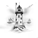 Haunted lighthouse guiding ships in the dark tattoo design idea