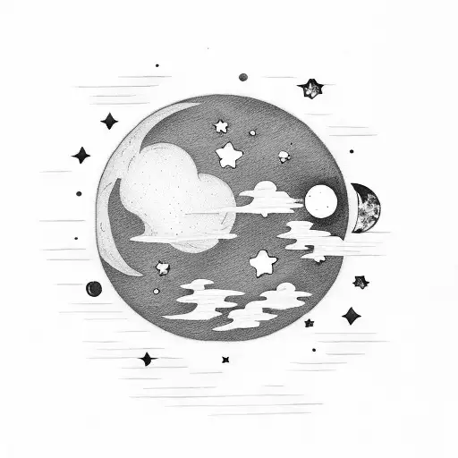 moon with clouds, small birds, and stars tattoo design idea