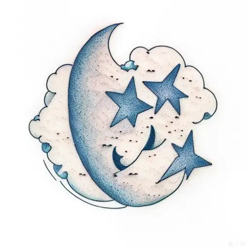 half moon, clouds, small birds, and stars tattoo design idea