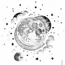 moon with clouds, small birds, and stars tattoo design idea